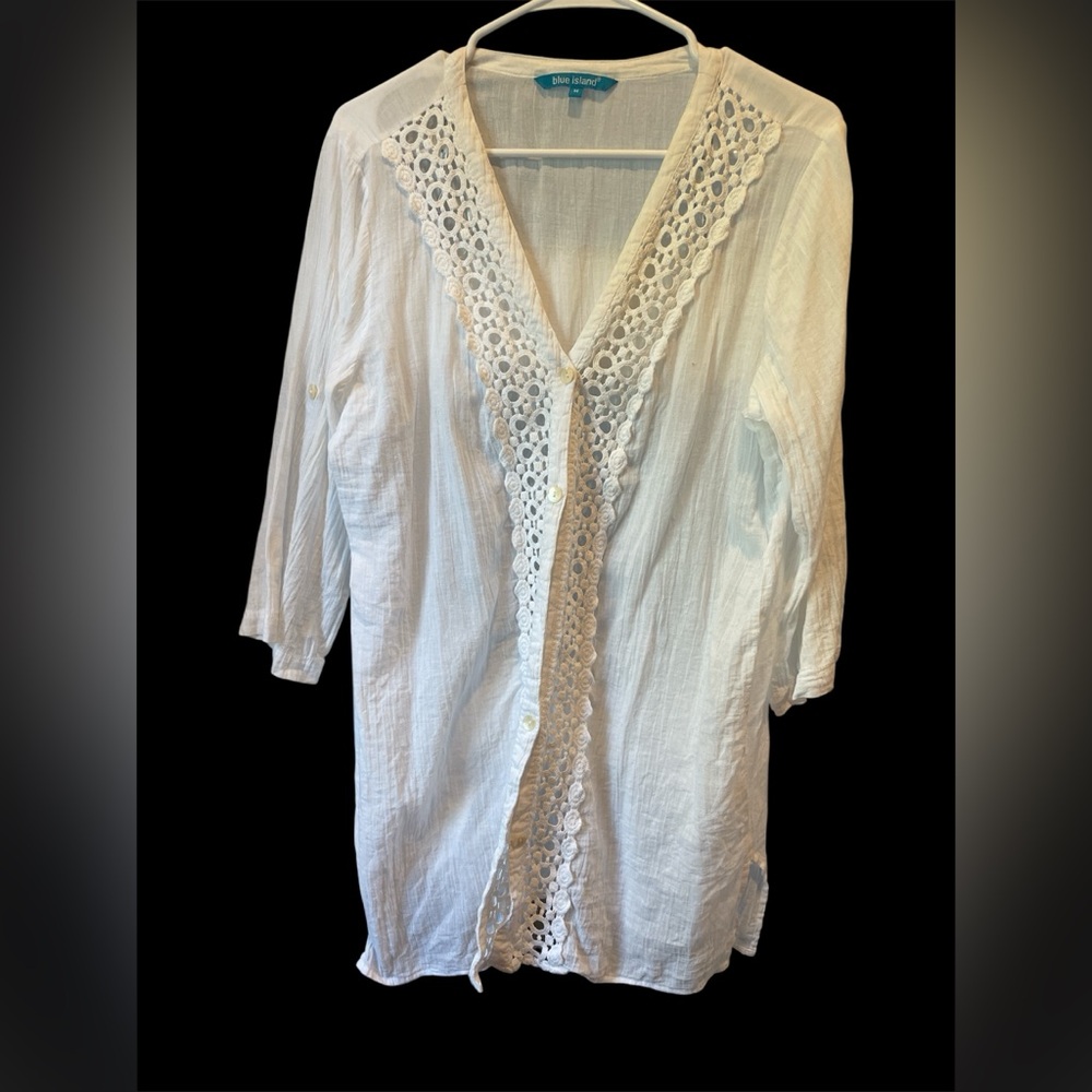 BLUE ISLAND White Lace Trim COVER UP , Size M, 100%cotton